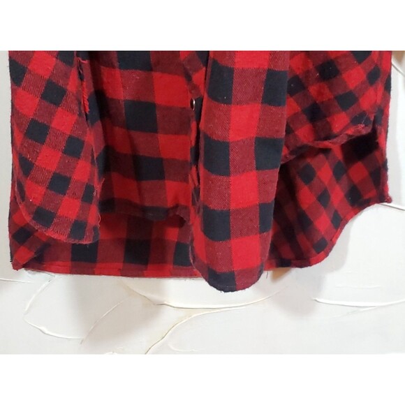 Reba Size Large Buffalo Plaid Red Black Snap Up Beaded Raw Edge Flannel Shirt - Picture 8 of 14